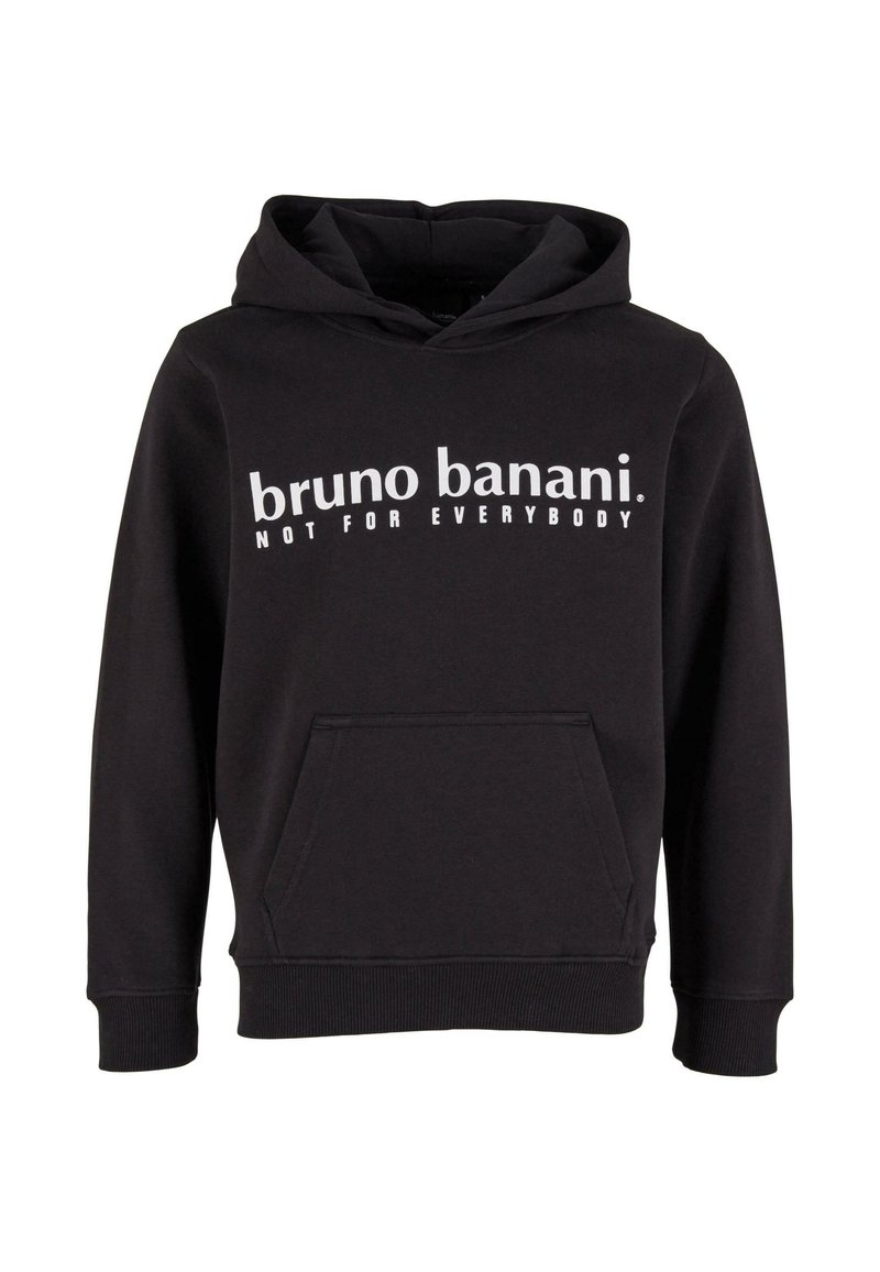 Felpa nera con cappuccio realizzata in materiale morbido, con tasca frontale e la scritta "bruno banani. NON PER TUTTI." stampata in bianco sul petto.