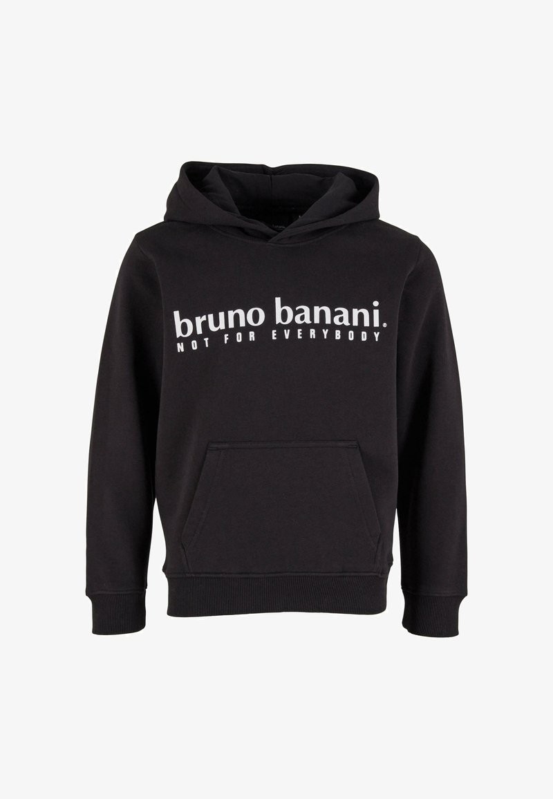 Felpa nera con cappuccio realizzata in materiale morbido, con tasca frontale e la scritta "bruno banani. NON PER TUTTI." stampata in bianco sul petto.