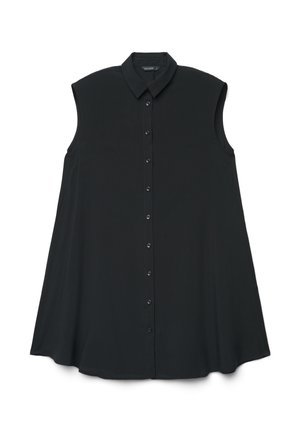 Robe-chemise noire sans manches avec col pointu, ourlet légèrement évasé, et une étiquette "CALLIOPE" à l'intérieur du col.