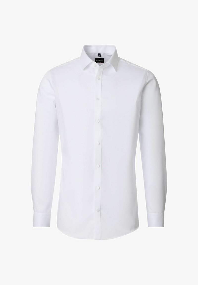 Hvid langærmet herre-skjorte med knapper foran og klassisk krave, ensfarvet design, vist mod en hvid baggrund.
