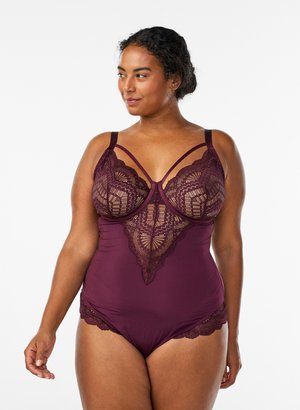 Burgundy lace bodysuit featuring intricate floral patterns, adjustable straps, and scalloped edges for added detail and texture.