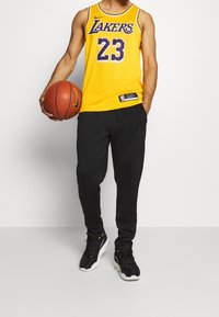 Persona con una camiseta amarilla de los Lakers, número 23, pantalones negros y zapatillas negras sosteniendo un balón de baloncesto con el logo de Nike.
