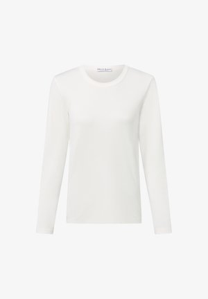 Biała długo rękawowa koszulka z bawełny. Posiada okrągły dekolt i miękką, gładką fakturę oraz dopasowany krój. Brak wzorów lub akcentów.