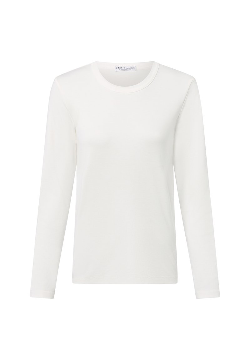Weißes langärmliges T-Shirt aus Baumwolle. Verfügt über einen runden Halsausschnitt und eine weiche, glatte Textur mit figurbetontem Schnitt. Keine Muster oder Akzente.