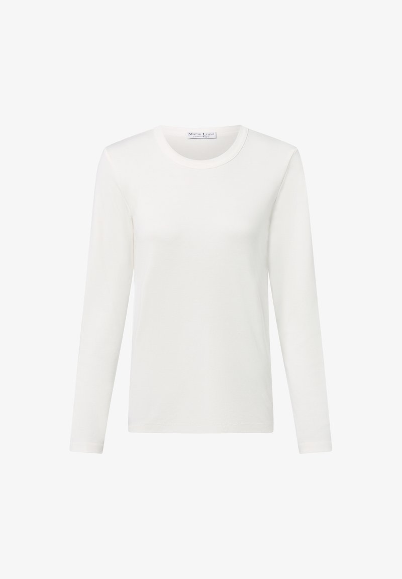 Weißes langärmliges T-Shirt aus Baumwolle. Verfügt über einen runden Halsausschnitt und eine weiche, glatte Textur mit figurbetontem Schnitt. Keine Muster oder Akzente.
