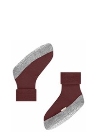 Bordeauxfarbene Babysocken mit umschlagbarem Bündchen und grauen, strukturierten, rutschfesten Sohlen, gezeigt aus Seiten- und Unteransicht.