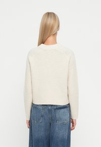Suéter de punto grueso de color beige claro con un dobladillo acanalado y un cuello redondo. Combinado con jeans azules claros de corte holgado. Se muestra la vista trasera.