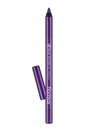 Purple Flormar Extreme Tattoo gel pencil eyeliner with black tip and removed cap beside it on white background.