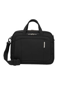 Schwarze Laptop-Tasche aus strukturiertem Stoff. Verfügt über zwei Griffe, einen abnehmbaren Schultergurt und eine silberne Akzentuierung an der Vorderseite.