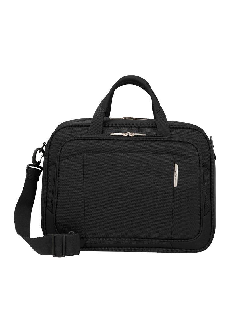 Schwarze Laptop-Tasche aus strukturiertem Stoff. Verfügt über zwei Griffe, einen abnehmbaren Schultergurt und eine silberne Akzentuierung an der Vorderseite.
