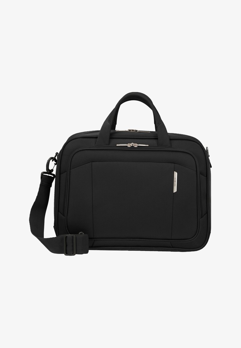 Sac d'ordinateur portable noir en tissu texturé. Il est doté de poignées doubles, d'une bandoulière amovible et d'un accent argenté à l'avant.