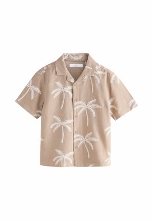 Beige overhemd met korte mouwen, knoopsluiting, witte palmboomprint en spreidkraag.