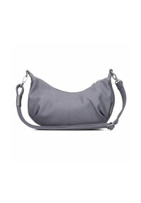 Borsa a spalla grigia con superficie liscia e testurizzata. Caratterizzata da una forma curvata, tracolla regolabile e dettagli metallici argentati.
