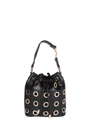 Black leather bucket bag featuring large gold-tone eyelet cutouts, a braided leather drawstring, and a textured shoulder strap.