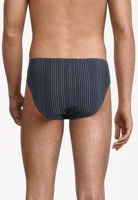 Blauwgestreepte zwembroek met een strak ontwerp, elastische tailleband en een lichtgewicht, gestructureerde stof. De achterzijde toont het ontwerp en de snit.