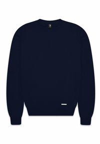 Mørkeblå sweatshirt lavet af blødt stof, med rund halsudskæring, ribbede manchetter og et lille logo mærke ved kanten. Enkel design.