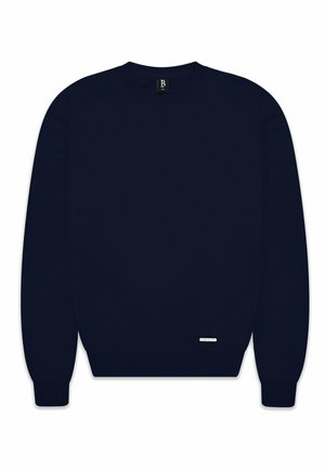 Navyblauwe sweatshirt gemaakt van zachte stof, met een ronde hals, geribbelde manchetten en een klein logolabel aan de onderkant. Eenvoudig ontwerp.