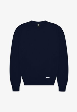 Navyblauwe sweatshirt gemaakt van zachte stof, met een ronde hals, geribbelde manchetten en een klein logolabel aan de onderkant. Eenvoudig ontwerp.