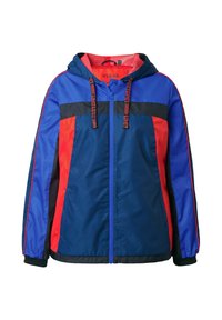 Mikina s kapucí v modrých, červených a černých panelech; zapínání na zip; kapuce se stahovací šňůrkou; texturovaná látka; elastické manžety; sportovní design.