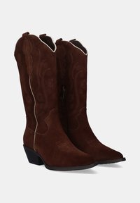 Botas de vaquero de ante marrón con costuras decorativas, punteras puntiagudas y un tacón corto en bloque. Cuentan con un cierre de cremallera a lo largo del costado.