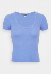 Light blue ribbed short-sleeve top with a scoop neckline and fitted design. Made of soft fabric with a subtle texture throughout.