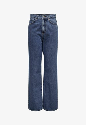 Wide-leg blue denim jeans with a button and zipper closure, front pockets, and a classic five-pocket design. Sturdy fabric with a smooth finish.