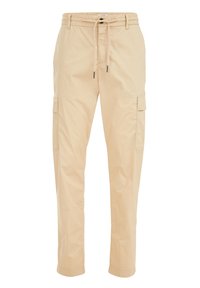 Beige cargobyxor i bomull, med dragsko i midjan, sidofickor och nedsänkta ben, med en slät yta och minimalistisk detaljering.