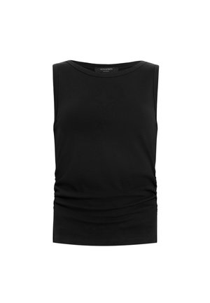 Czarny bezrękawnik wykonany z miękkiej, elastycznej tkaniny, z okrągłym dekoltem i marszczonym detalem w pasie, zapewniającym dopasowaną sylwetkę.