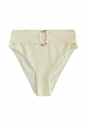 Kremowe bikini z wysokim stanem wykonane z teksturowanej tkaniny z szerokim paskiem wyposażonym w owalną sprzączkę na środku z przodu.