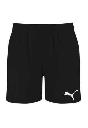 Melni šorti ar elastīgu jostu, ar baltu Puma logo apakšējā kreisajā pusē un gludu, vieglu materiālu.