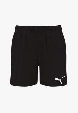 Czarne szorty z elastycznym paskiem w talii, z białym logo Puma po lewej stronie na dole oraz gładkim, lekki materiałem.