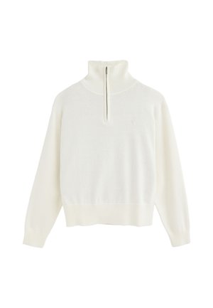 Maglione bianco a maniche lunghe con collo alto a coste e chiusura frontale con mezza zip, con polsini e orlo a coste.