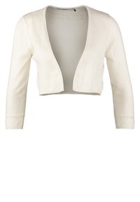 Cardigan blanc court à ouverture frontale, manches trois-quarts et motifs subtils en tricot texturé sur les manches et les bordures.