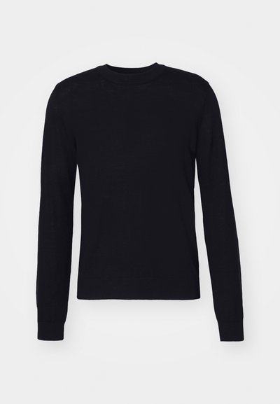 Czarny sweter z długim rękawem, wykonany z miękkiego materiału, z okrągłym dekoltem i ściągaczami na mankietach. Prosty, nieozdobiony design bez wzorów i dodatkowych elementów.