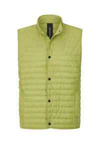 Light green padded vest features a stand collar, snap buttons, and vertical quilted texture. Includes side pockets for convenience.