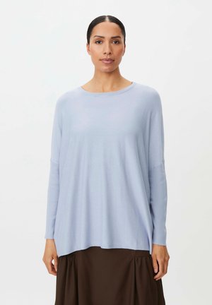 Vrouw met donker haar in een staart draagt een losse lichtblauwe longsleeve en een donkerbruine rok, staand tegen een effen witte achtergrond.