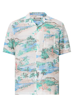 Camicia a maniche corte con bottoni realizzata in tessuto leggero, caratterizzata da una stampa di paesaggio tropicale in tonalità di verde, blu e corallo.