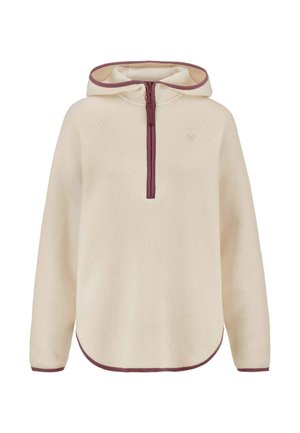 Beige fleece hoodie met lange mouwen, halflange ritssluiting aan de voorkant in bordeauxrood, bordeauxrode afwerking op de capuchon, manchetten en zoom, en een klein logo op de borst.
