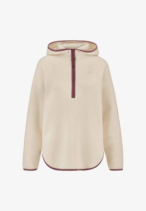 Beige fleece hoodie met lange mouwen, halflange ritssluiting aan de voorkant in bordeauxrood, bordeauxrode afwerking op de capuchon, manchetten en zoom, en een klein logo op de borst.