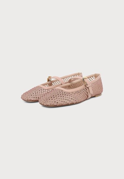 Paire de ballerines en mesh rose clair avec petits strass et brides chevilles avec boucles dorées sur fond blanc.