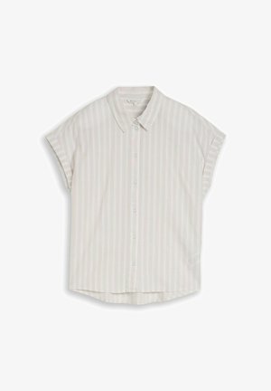Chemise beige clair à manches courtes avec fines rayures verticales blanches et col classique, taille petite, à plat sur fond blanc.