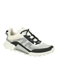 Schuh mit einem Obermaterial aus Netz in Weiß und Grau, schwarzen Akzenten, gepolsterter Sohle und elastischen Schnürsenkeln. Verfügt über ein strukturiertes Muster und eine verstärkte Ferse.