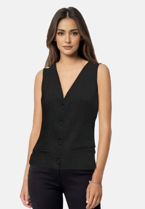 Gilet nero senza maniche con scollo a V, dotato di bottoni frontali, due tasche laterali e un taglio sartoriale. Tessuto liscio e design minimalista.