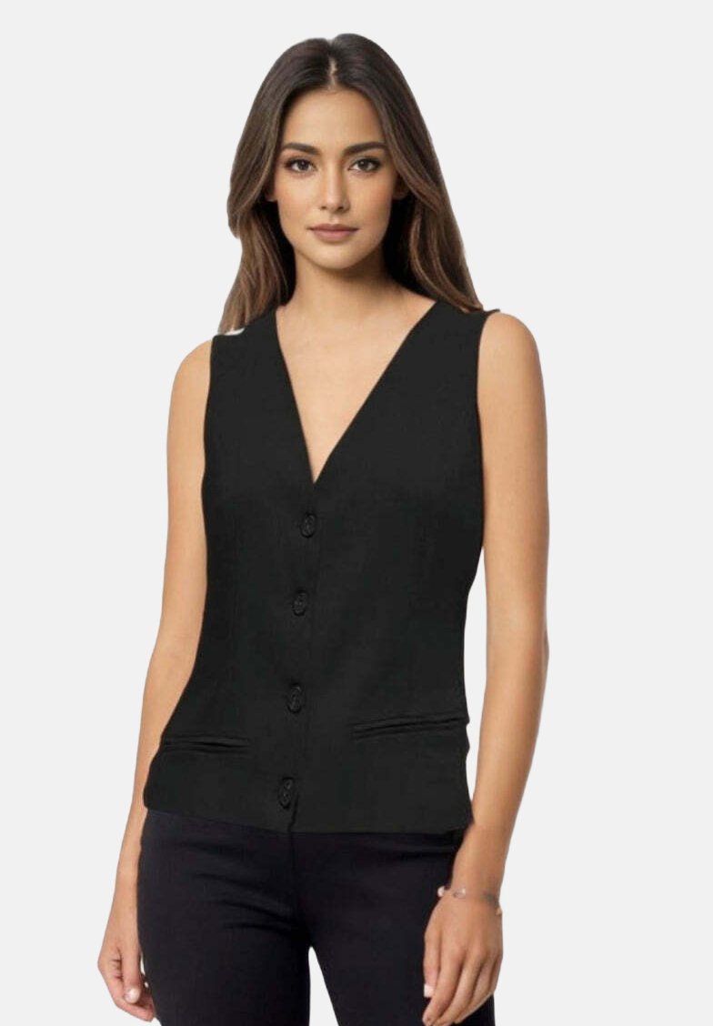 Gilet nero senza maniche con scollo a V, dotato di bottoni frontali, due tasche laterali e un taglio sartoriale. Tessuto liscio e design minimalista.