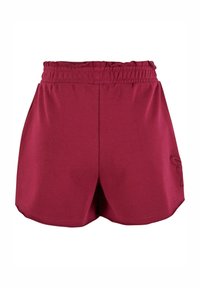 Burgunderfargede shorts med elastisk midjebånd, glatt tekstur og broderte detaljer på siden. Har en løstsittende design og en hemmet kant.