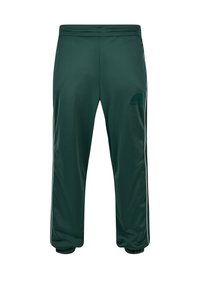 Sötétzöld, könnyű anyagú sportnadrág, slim fit szabással. Fehér oldalcsíkokkal és egy kis logóval a fronton, rugalmas derékpánttal.