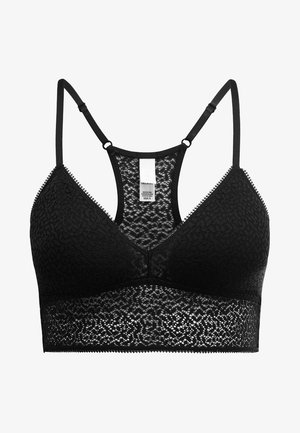 Brassière en dentelle noire avec une forme triangulaire, des bretelles ajustables et une large bande en dentelle en bas avec des bords festonnés.