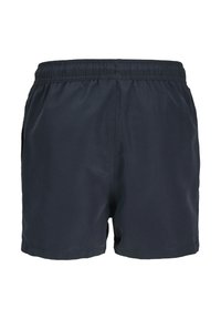 Shorts de baño azul marino con cinturilla elástica, que cuentan con bolsillos laterales y una tela suave y ligera para mayor comodidad.
