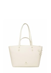 Bílá taška přes rameno z hladkého syntetického materiálu s dvěma dlouhými uchy, zlatým logem a květinovými motivy na jedné straně. Uzavíratelná na zip.