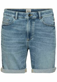 Leren korte broek in lichtblauw met een licht vervaagde was. Heeft opgerolde mouwen, standaard zakken en een sluiting met een voorste knop.